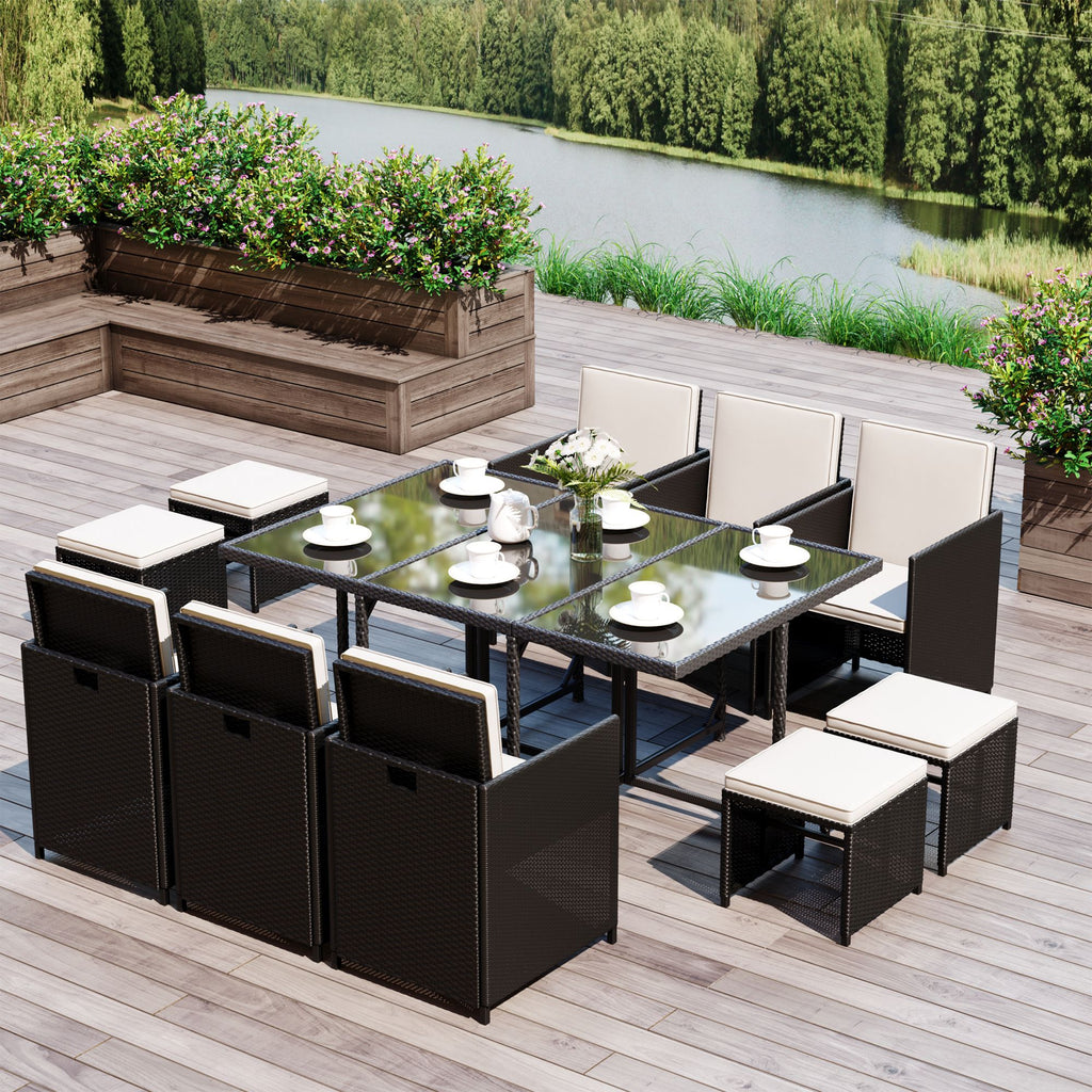 DodiOnline Rattan Dining Set Outdoor Furniture Patio set 11 PC with Cushion Black /Milk White