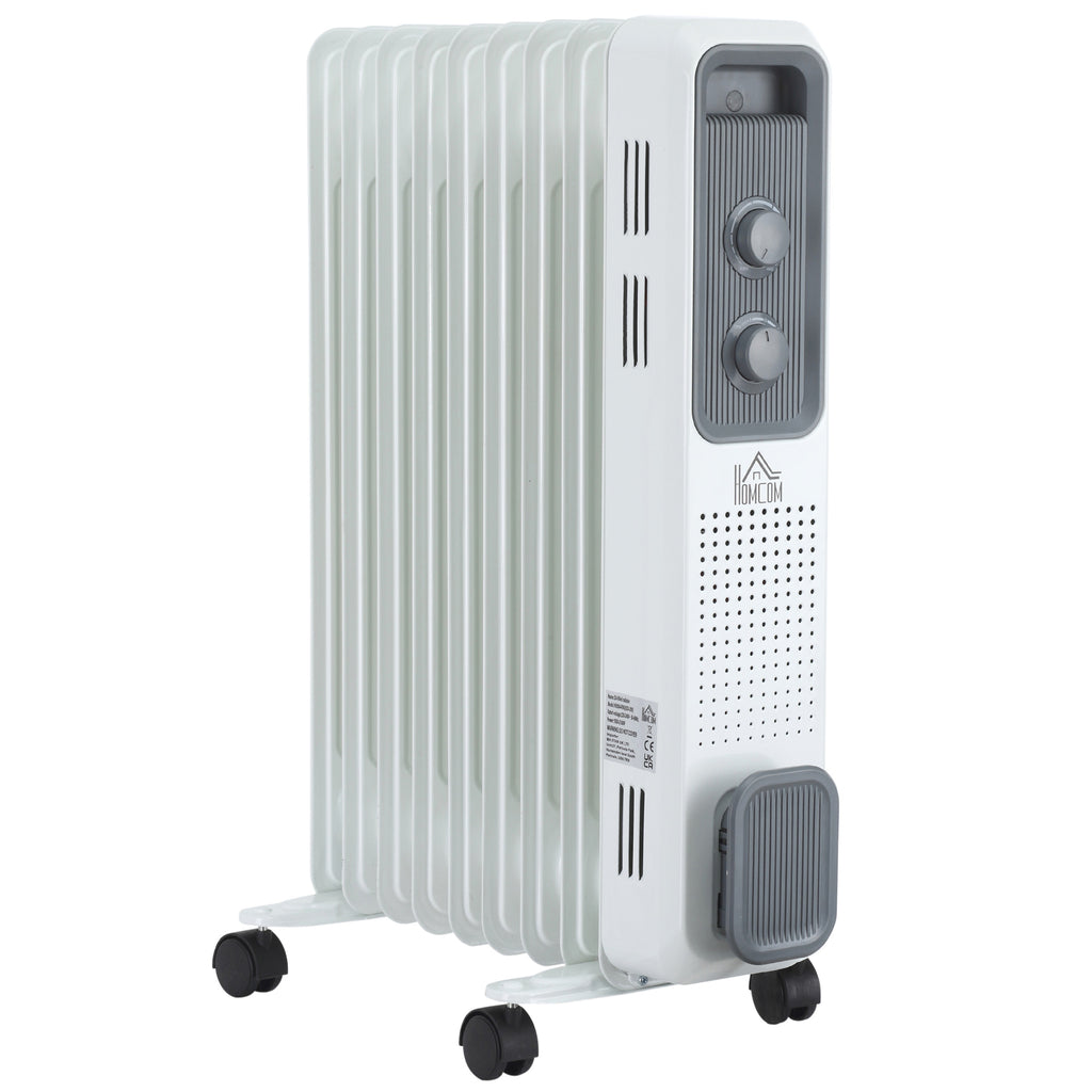 DodiOnline 2000W Oil Filled Radiator, 9 Fin, Portable Electric Heater with 3 Heat Settings, Safety Cut-Off and Wheels, White