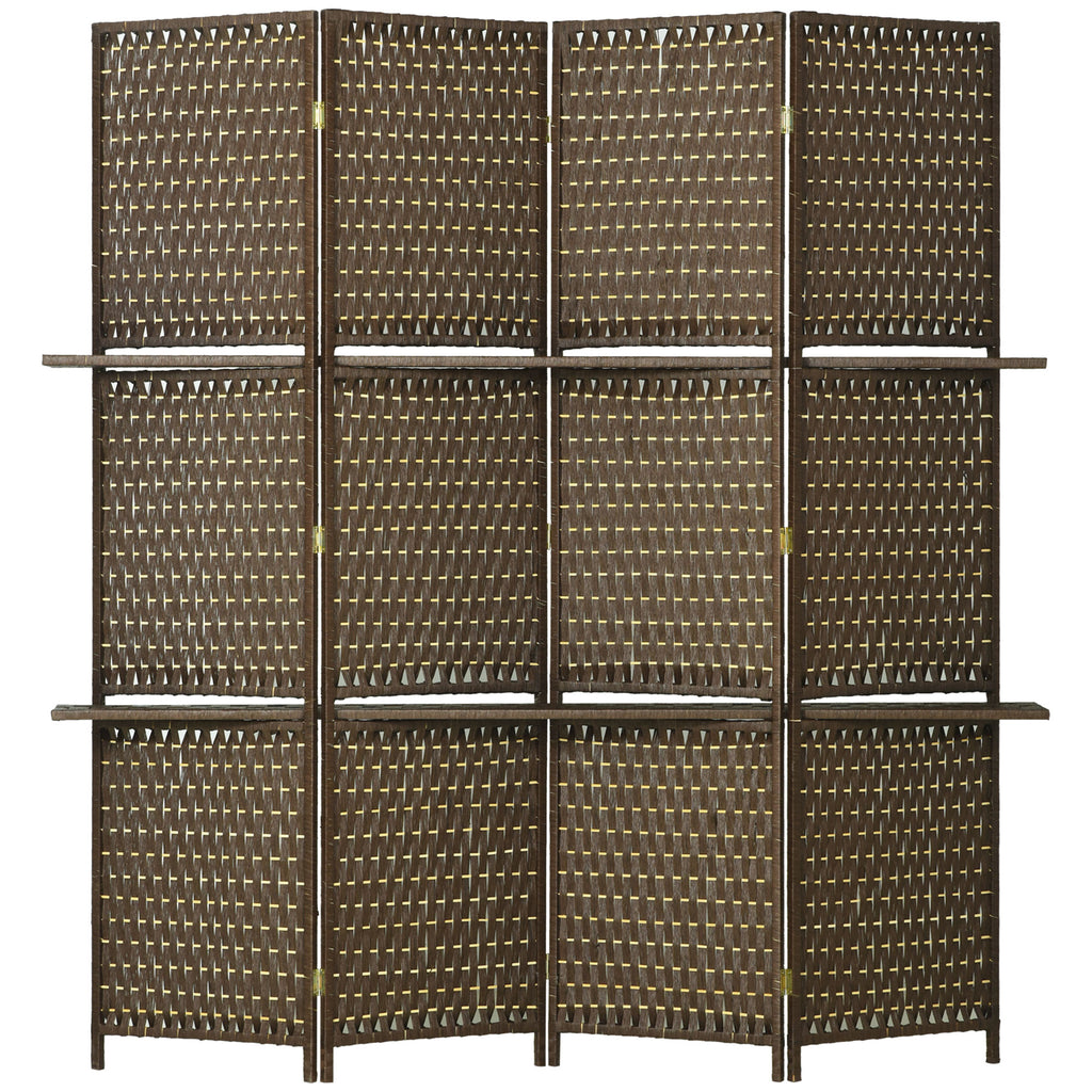 DodiOnline 4-Panel Room Dividers with Shelves, Wave Fibre Freestanding Folding Privacy Screen Panels, Partition Wall Divider for Indoor Bedroom Office, 180 cm, Brown