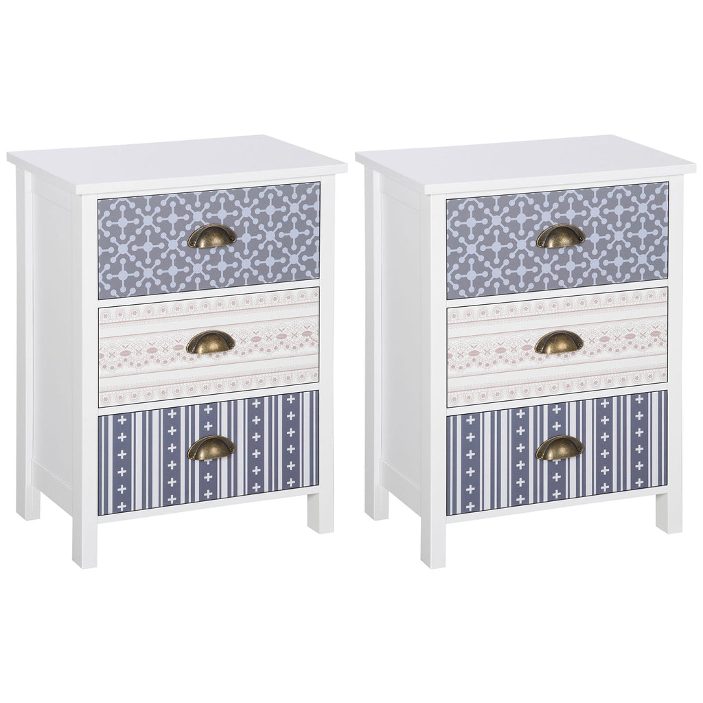 DodiOnline Bedside Table Set of 2 Chest of 3 Drawers Shabby Chic Nightstands with Metal Handle Sofa Side Table for Living Room, Bedroom,Purple