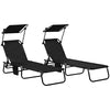 DodiOnline Set of Two Folding Sun Loungers, with Adjustable Backs and Sun Canopies - Black