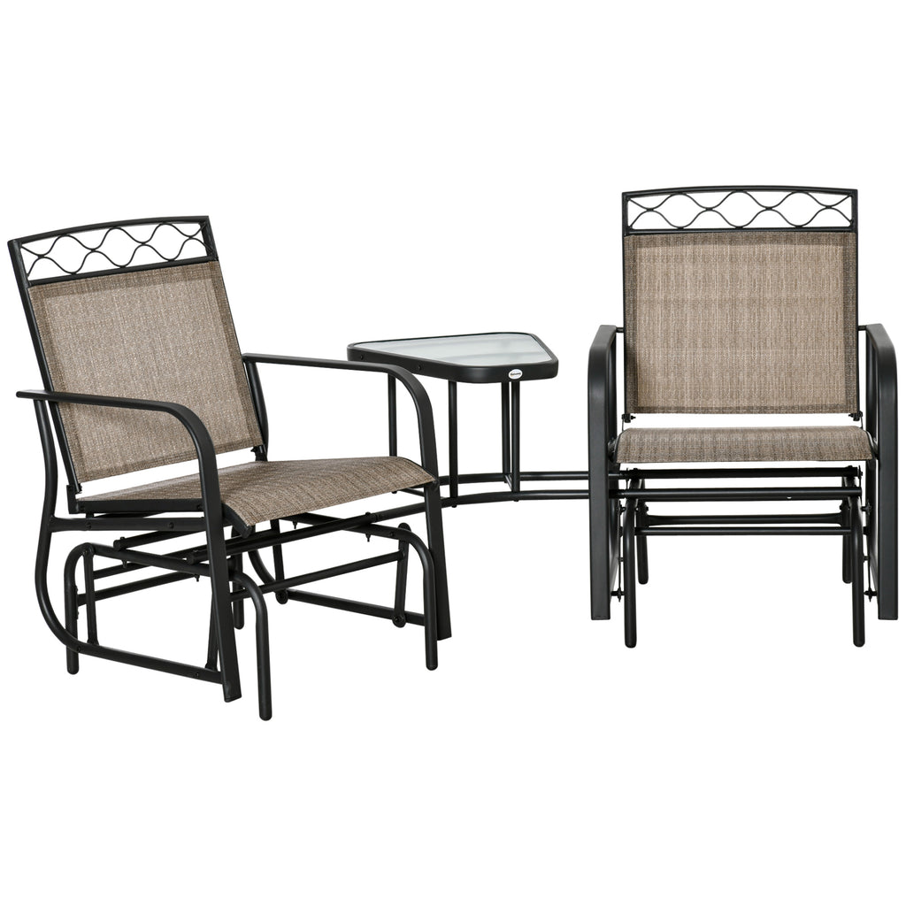 DodiOnline Double Outdoor Glider Chair, 2 Seater Patio Rocking Chairs, Swing Bench with Tempered Glass Table, Breathable Mesh Fabric for Backyard, Garden, Porch, Brown