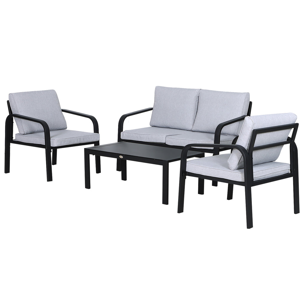 DodiOnline 4pcs Garden Sofa Set 2 Single Armchair, 1 Bench & 1 Coffee Table Set Aluminum Frame Patio Furniture with Cushions, Black