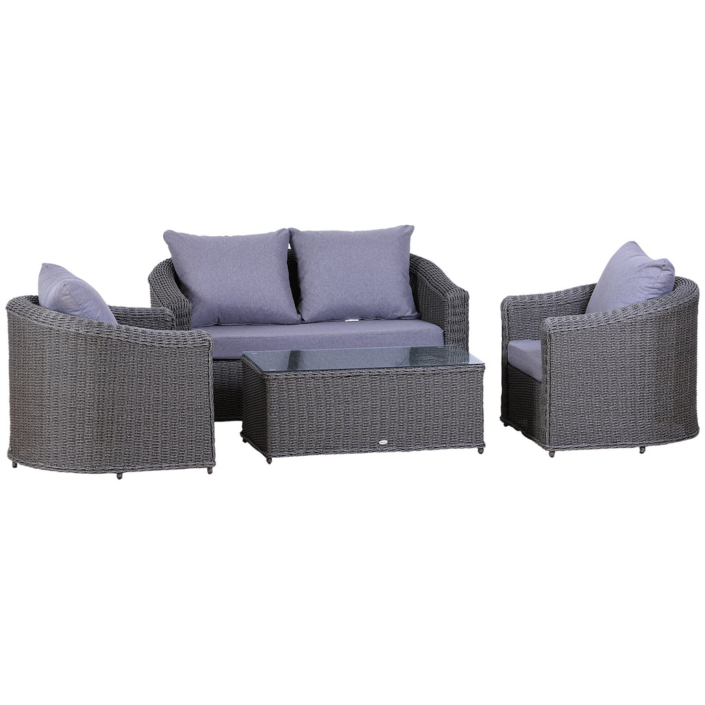 DodiOnline Deluxe Round PE Rattan Outdoor Furniture Set, Fully-assembly Outdoor Sofa Set with Armchair, Loveseat, Glass Top Coffee Table, Aluminium Frame, Cushion, Grey