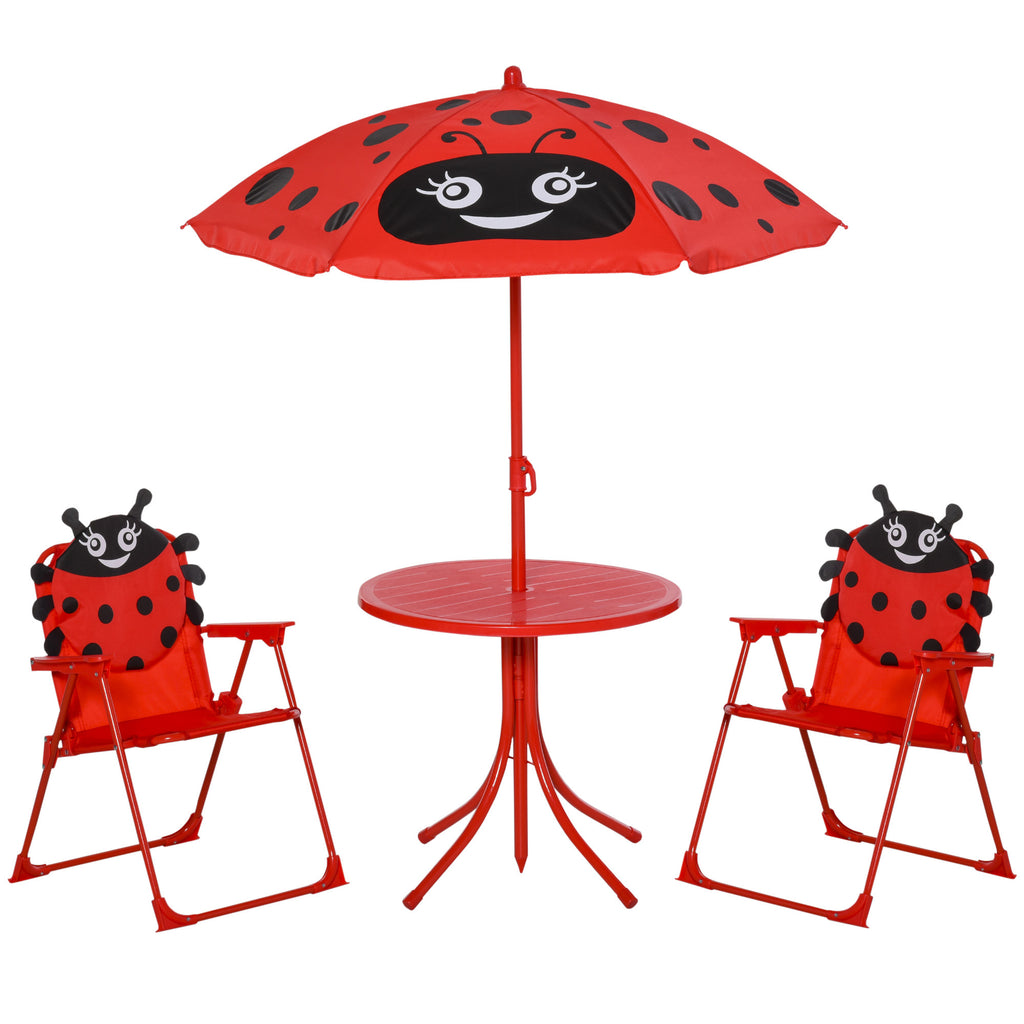 DodiOnline Kids Outdoor Table and Chairs Outdoor Furniture Ladybird Pattern with Removable & Height Adjustable Sun Umbrella, Red