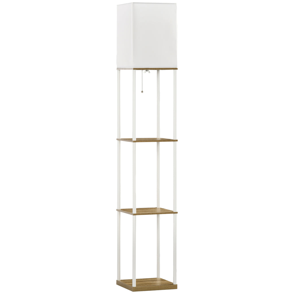 DodiOnline Modern Floor Lamp with Shelves, 3 Layer Shelf Tall Standing Lamp with Fabric Lampshade, Pull Chain Switch for Living Room, Bedroom, Bulb not Included, White