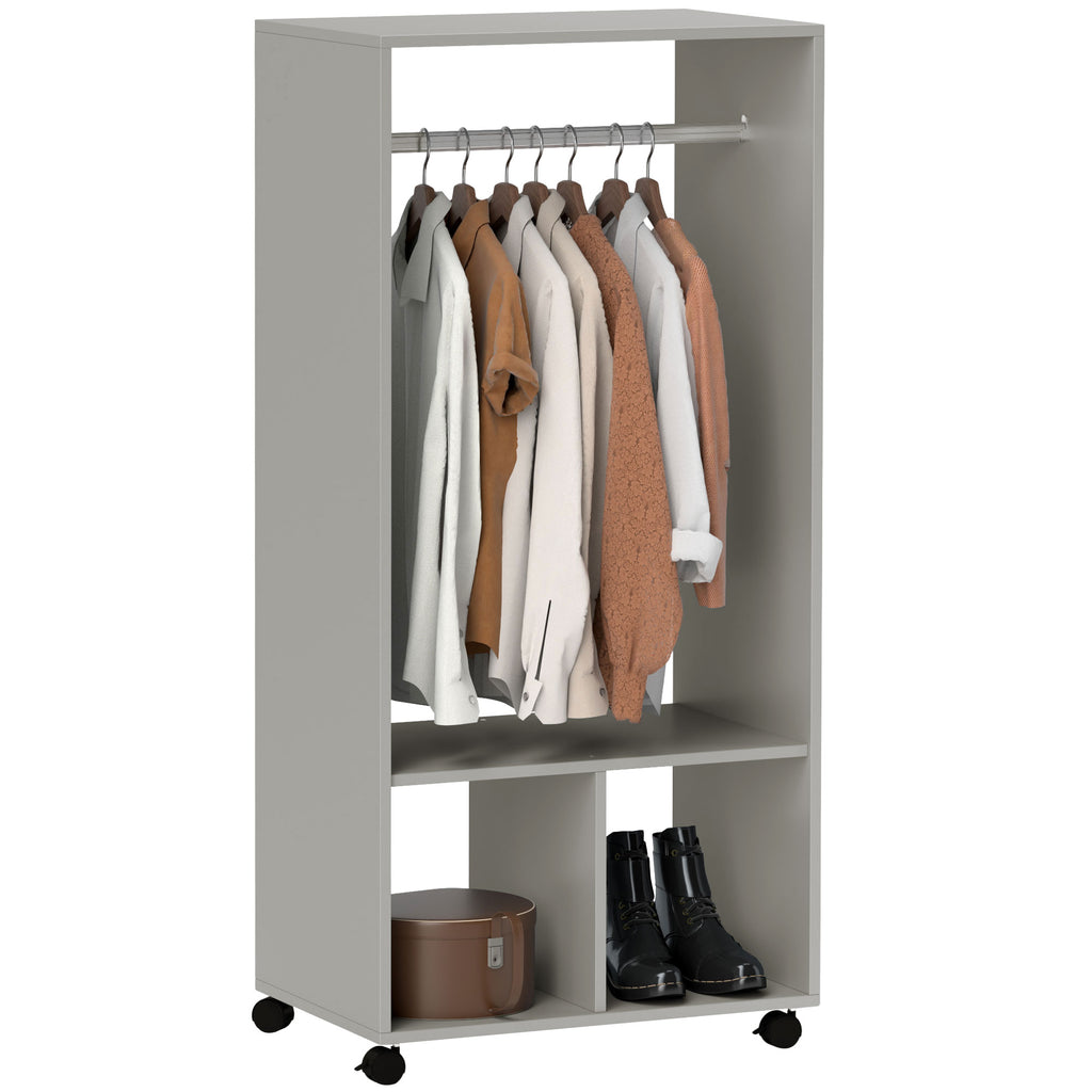 DodiOnline Open Wardrobe for Bedroom, Small Wardrobe on Wheels with Clothes Rail, Storage Shelves, Mobile Garment Rack for Clothes Storage, Cloakroom, Hallway, Grey