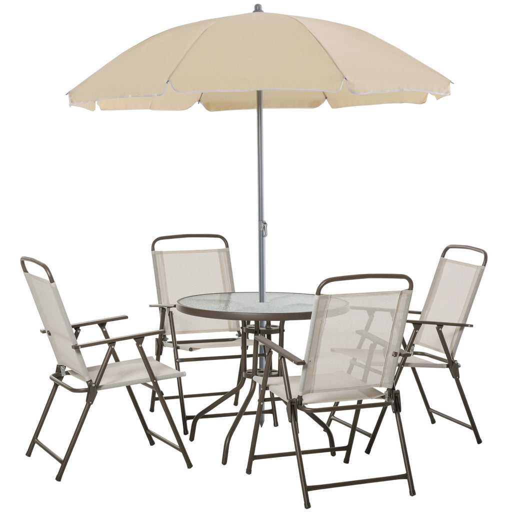 DodiOnline Garden Patio Texteline Folding Chairs Plus Table and Parasol Furniture Bistro Set 6 Pieces - Coffee/Cream