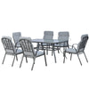 DodiOnline 7 Piece Garden Dining Set, Outdoor Dining Table and 6 Cushioned Armchairs, Tempered Glass Top Table w/ Umbrella Hole, Texteline Seats, Grey