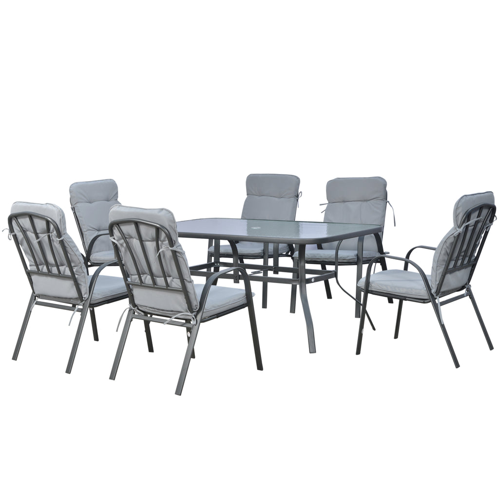 DodiOnline 7 Piece Garden Dining Set, Outdoor Dining Table and 6 Cushioned Armchairs, Tempered Glass Top Table w/ Umbrella Hole, Texteline Seats, Grey