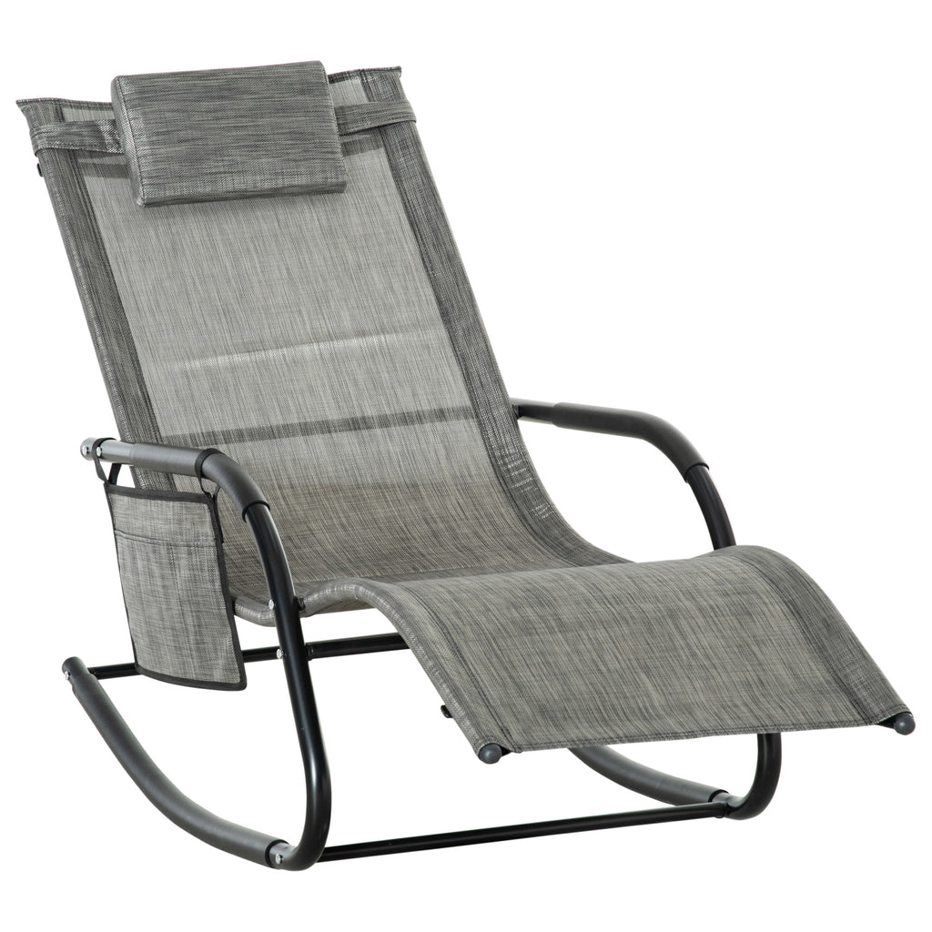 DodiOnline Outdoor Garden Rocking Chair, Patio Sun Lounger Rocker Chair with Breathable Mesh Fabric, Removable Headrest Pillow, Armrest, Side Storage Bag, Dark Grey