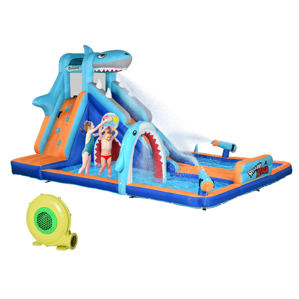 DodiOnline 6 in 1 Shark-Themed Bouncy Castle, Inflatable Water Park, with Slide, Pool, Trampoline, Blower, for Ages 3-8 Years