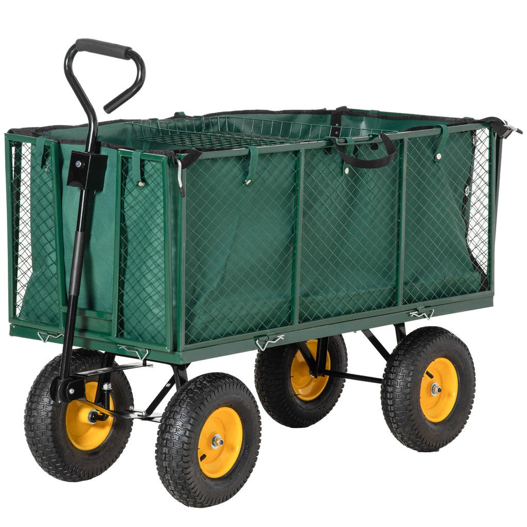 DodiOnline Large 4 Wheel Heavy Duty Garden Cart Truck Trolley Wheelbarrow with Handle and Metal Frame - Green