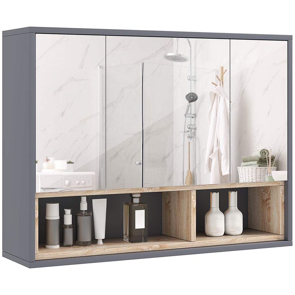 DodiOnline Bathroom Mirror Cabinet, Wall Mounted Bathroom Cabinet with Mirror, 3 Doors and Cupboards, Grey