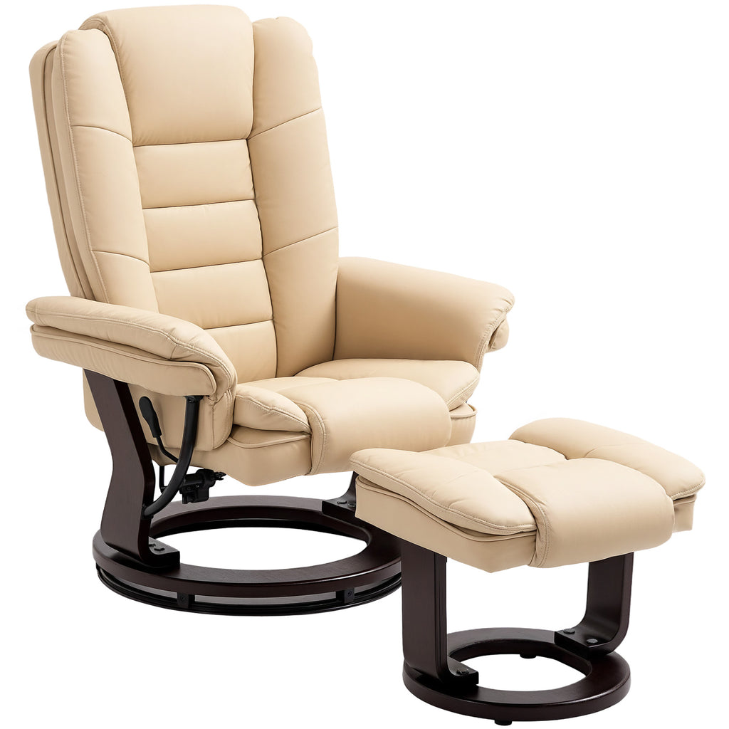 DodiOnline Faux Leather Extra-Padded Reclining Chair & Footstool Beige