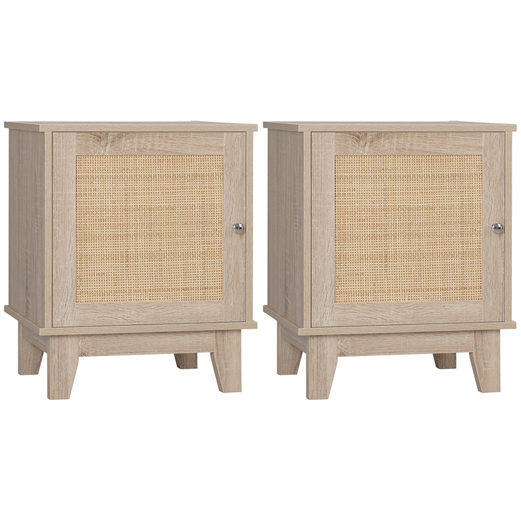 DodiOnline Bedside Table, Bedside Cabinet with Storage Cupboard, Side End Table with Rattan Element for Living Room, Bedroom, Set of 2, Natural