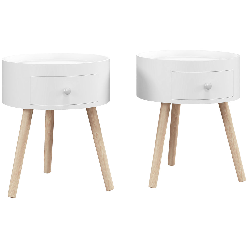 DodiOnline Modern Side Table, Small Coffee Table, Round Bedside Table with Drawer and Wood Legs for Living Room, Bedroom, Set of 2, White