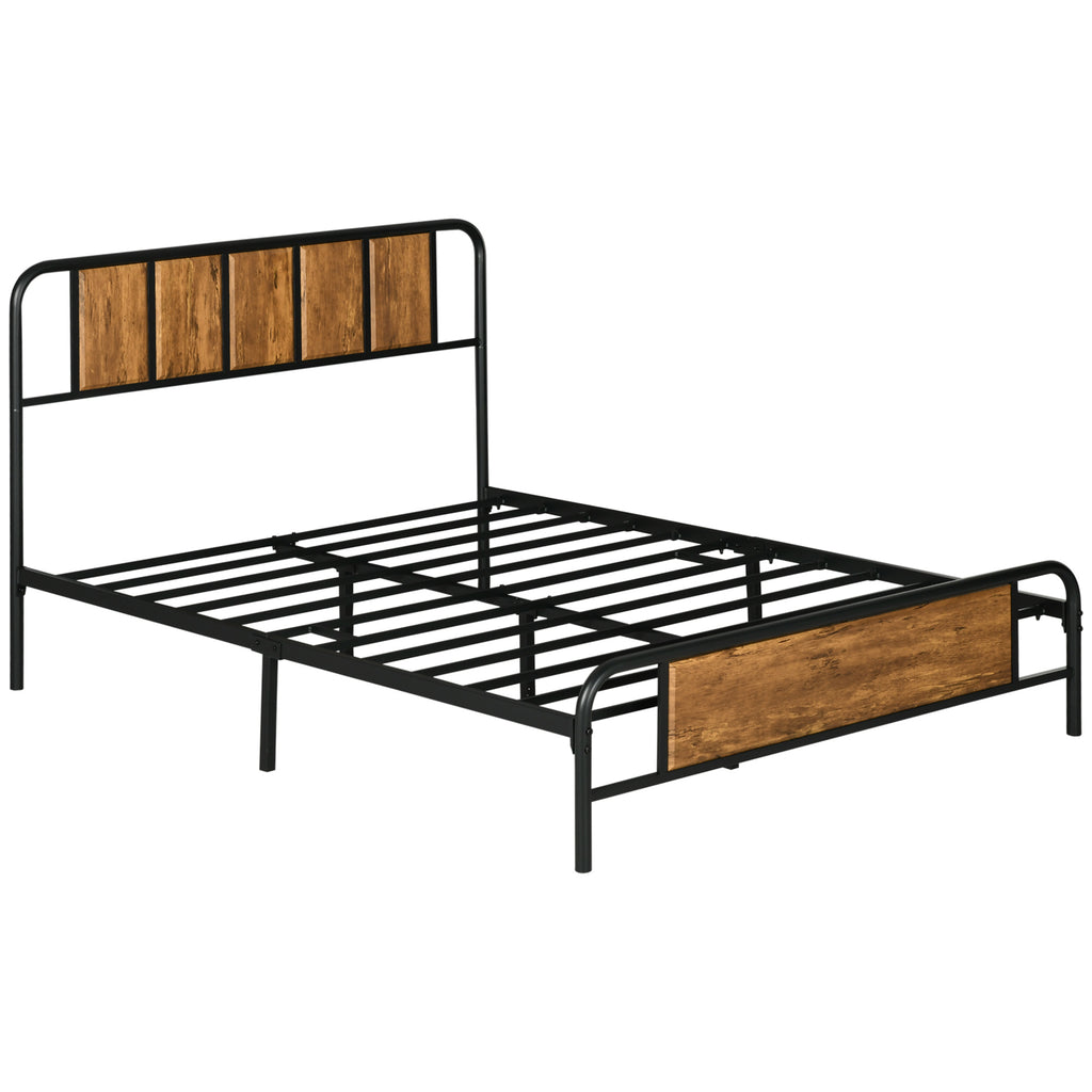 DodiOnline 4.8ft Double Bed Frame with Industrial Wood Headboard, Steel Slat Support and 25.5cm Underbed Storage Space, 145 x 199cm, Rustic Brown