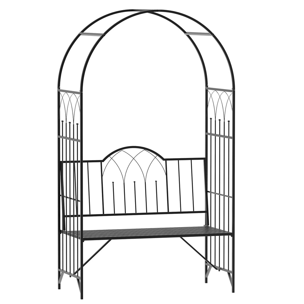 DodiOnline Garden Metal Arch Bench Outdoor Patio Rose Trellis Arbour Pergola for Climbing Plant Antique Style 2-Seater Chair, Black