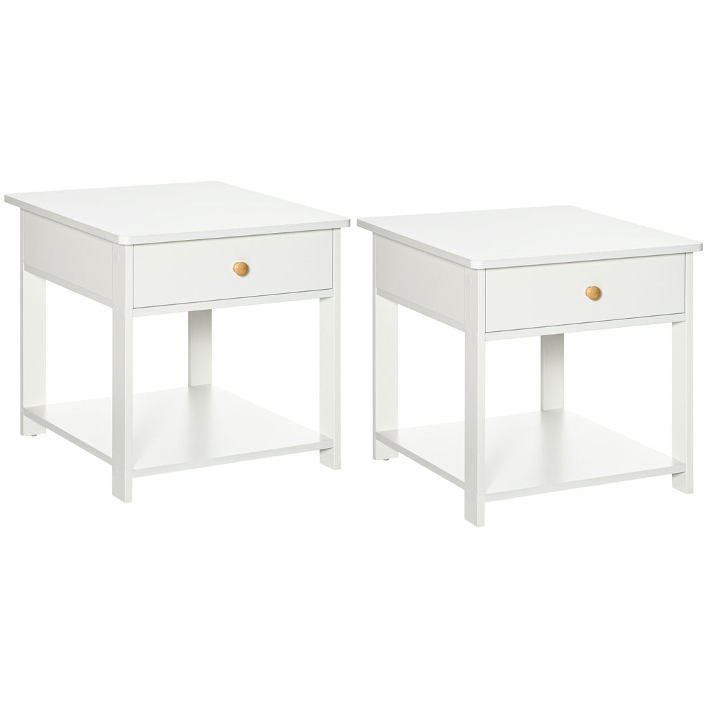 DodiOnline Bedside Table with Drawer and Bottom Shelf, Square Side End Table for Bedroom, Living Room, White, Set of 2