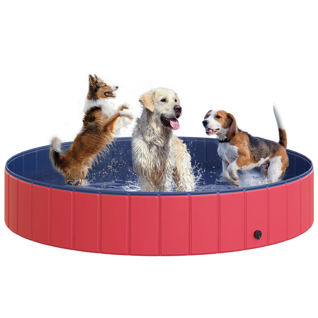 PawHut Foldable Dog Paddling Pool Pet Cat Swimming Pool Indoor/Outdoor Collapsible Summer Bathing Tub Shower Tub Puppy Washer (?160 × 30H cm, Red)