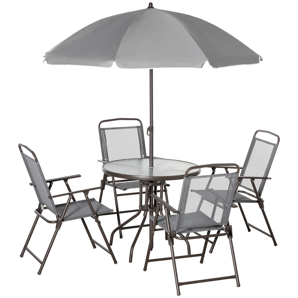 DodiOnline 6 Piece Garden Dining Set with Umbrella, Patio Sets with Parasol with 4 Folding Dining Chairs & Round Tempered Glass Table, Grey