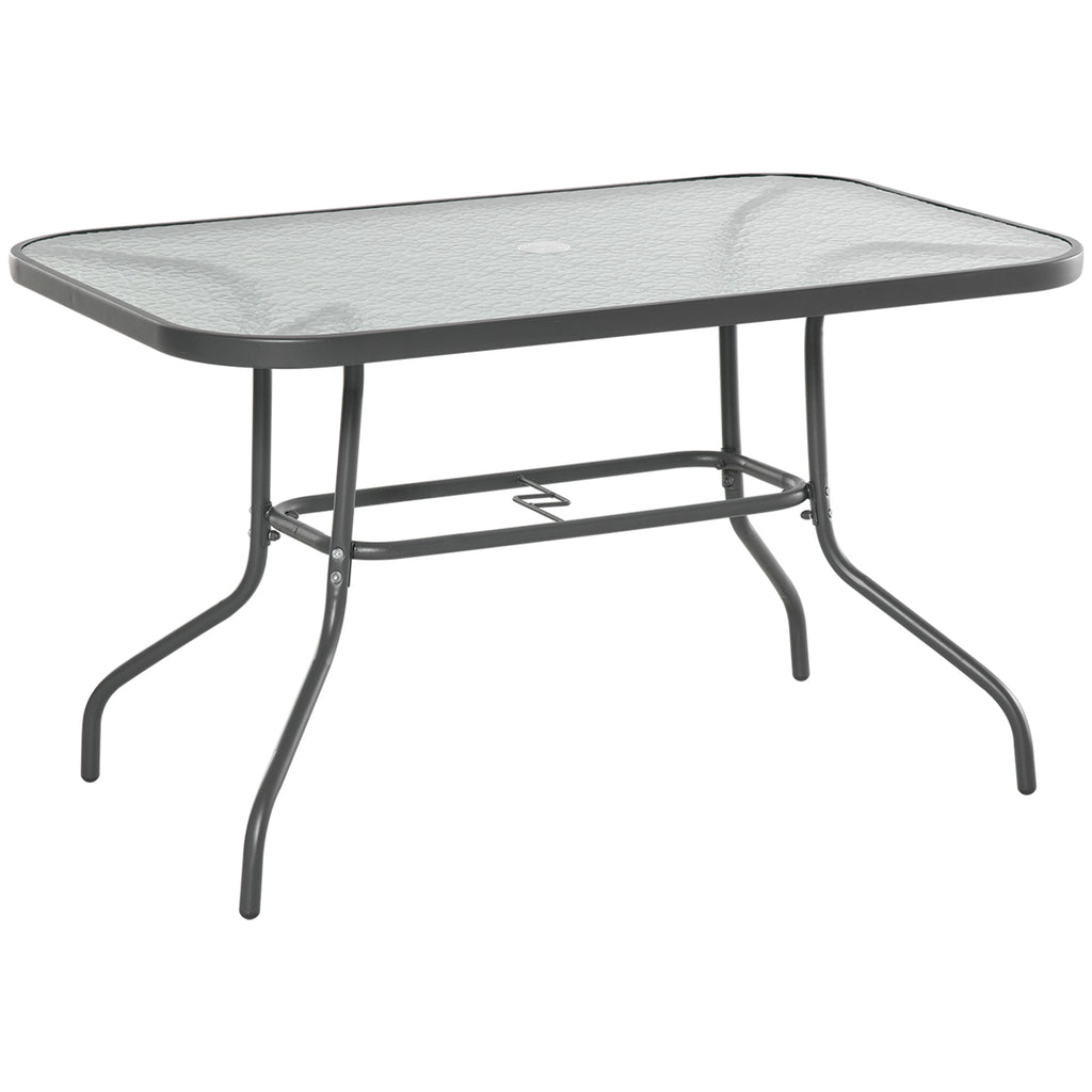 DodiOnline Garden Dining Table Glass Top Metal Frame with Parasol Hole Outdoor Balcony Grey 120L x 80Wcm