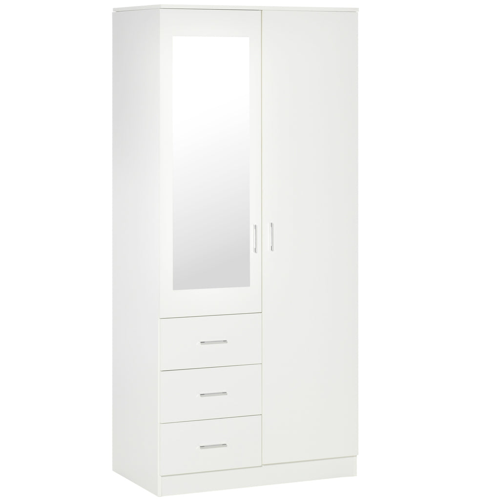 DodiOnline Modern Mirror Wardrobe 2 Door Storage Cupboards Home Storage Organisation Furniture with Adjustable Shelf, Hanging Rail and 3 Drawers, 180cm, White