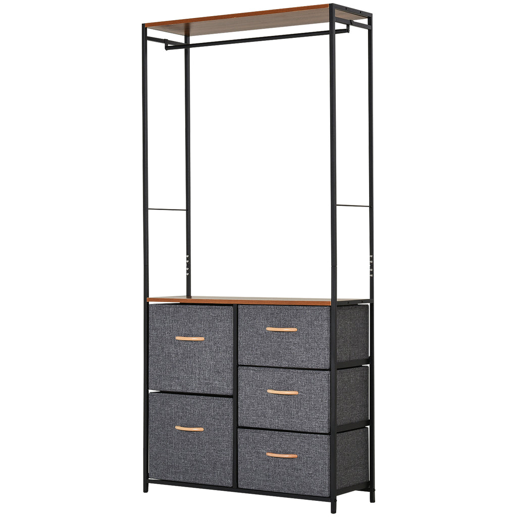 DodiOnline Chest of Drawers with Coat rack Steel Frame 5 Drawers  Bedroom Hallway Home Furniture Black Brown