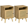 DodiOnline Bedside Table with Rattan Element, Side End Table with Shelf and Cupboard, 39cmx35cmx60cm, Set of 2, Natural