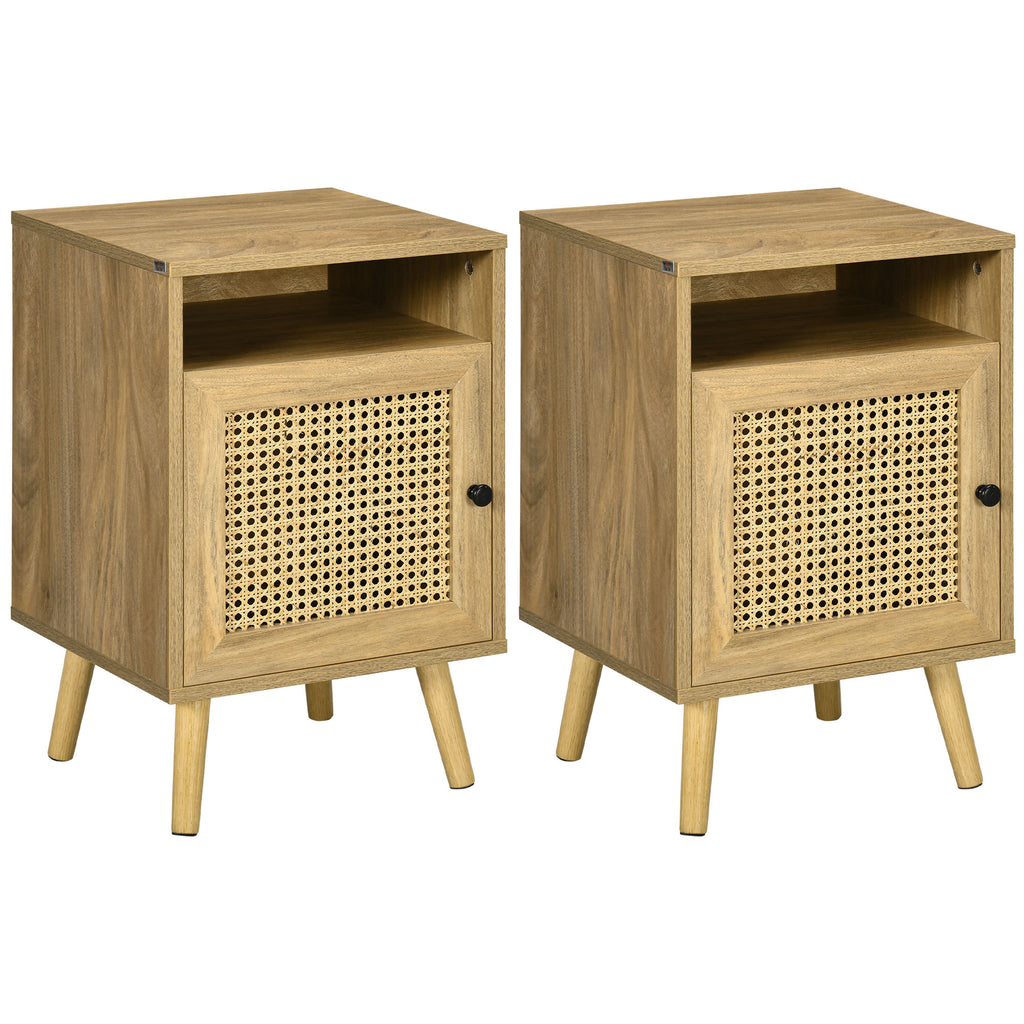 DodiOnline Bedside Table with Rattan Element, Side End Table with Shelf and Cupboard, 39cmx35cmx60cm, Set of 2, Natural