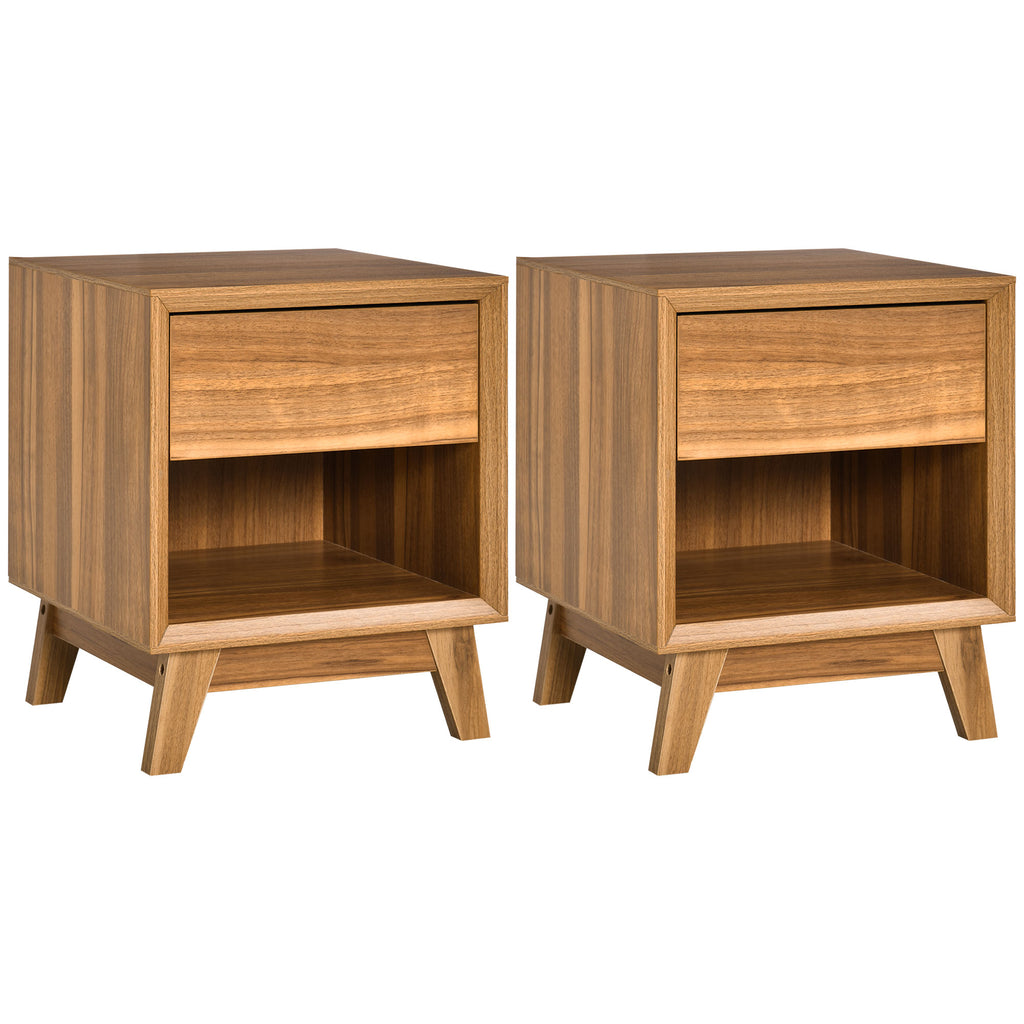 DodiOnline Modern Bedside Table Nightstand, Living Room End Table, Side Table with Drawer and Shelf, Set of 2, Walnut Brown