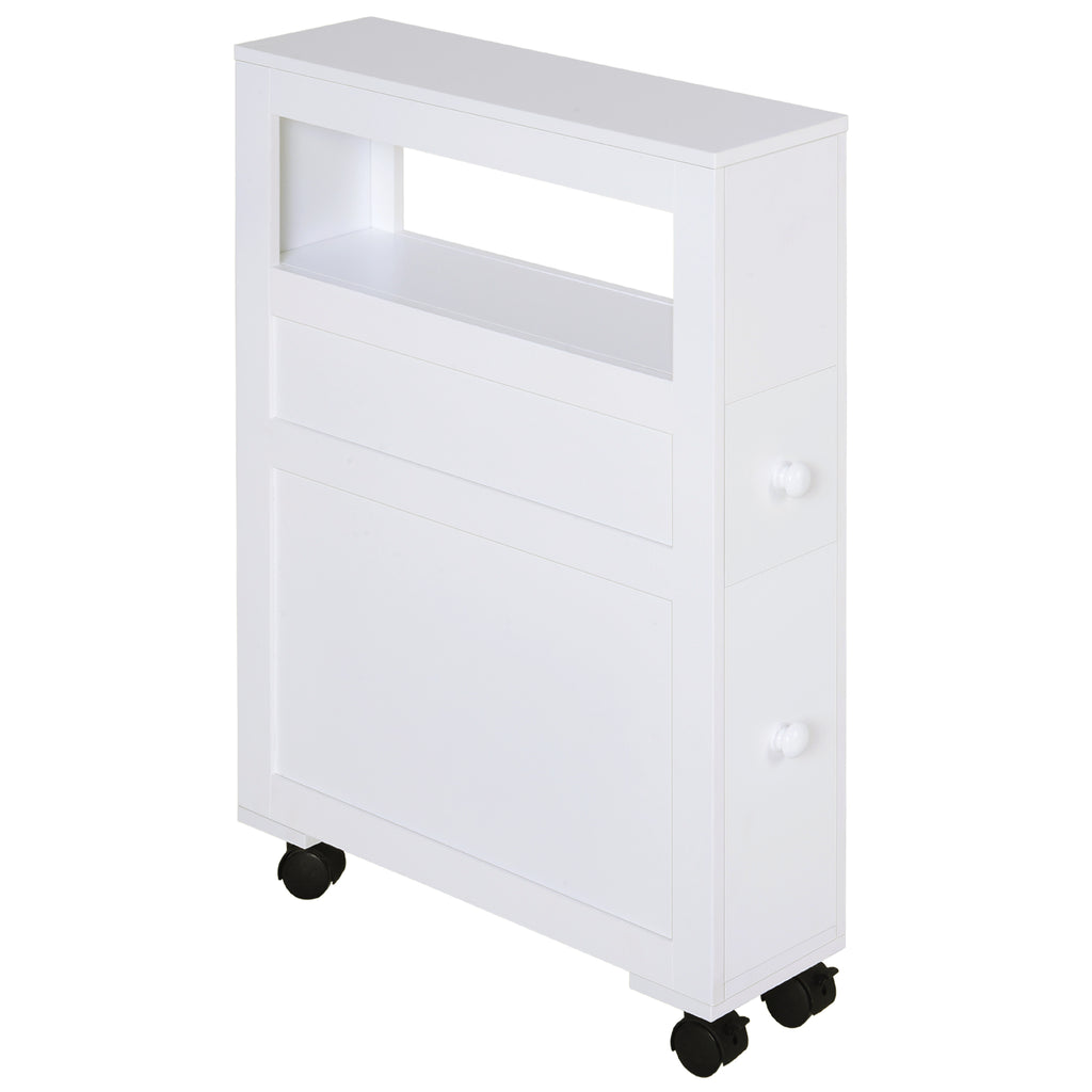 DodiOnline 72x16cm Narrow Bathroom Storage Unit w/ 2 Drawers Open Top 4 Wheels Slimline Modern Rolling Home Organisation