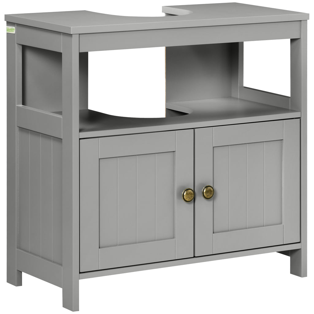 kleankin Pedestal Under Sink Cabinet with Double Doors, Modern Bathroom Vanity Storage Unit with Shelves, Light Grey