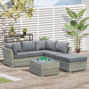 DodiOnline 5-Seater Patio PE Rattan Corner Sofa Set, Outdoor Wicker Sectional Conversation Aluminum Frame Furniture Set w/ Padded Cushion, Tea Table with Ice Bucket, Light Grey