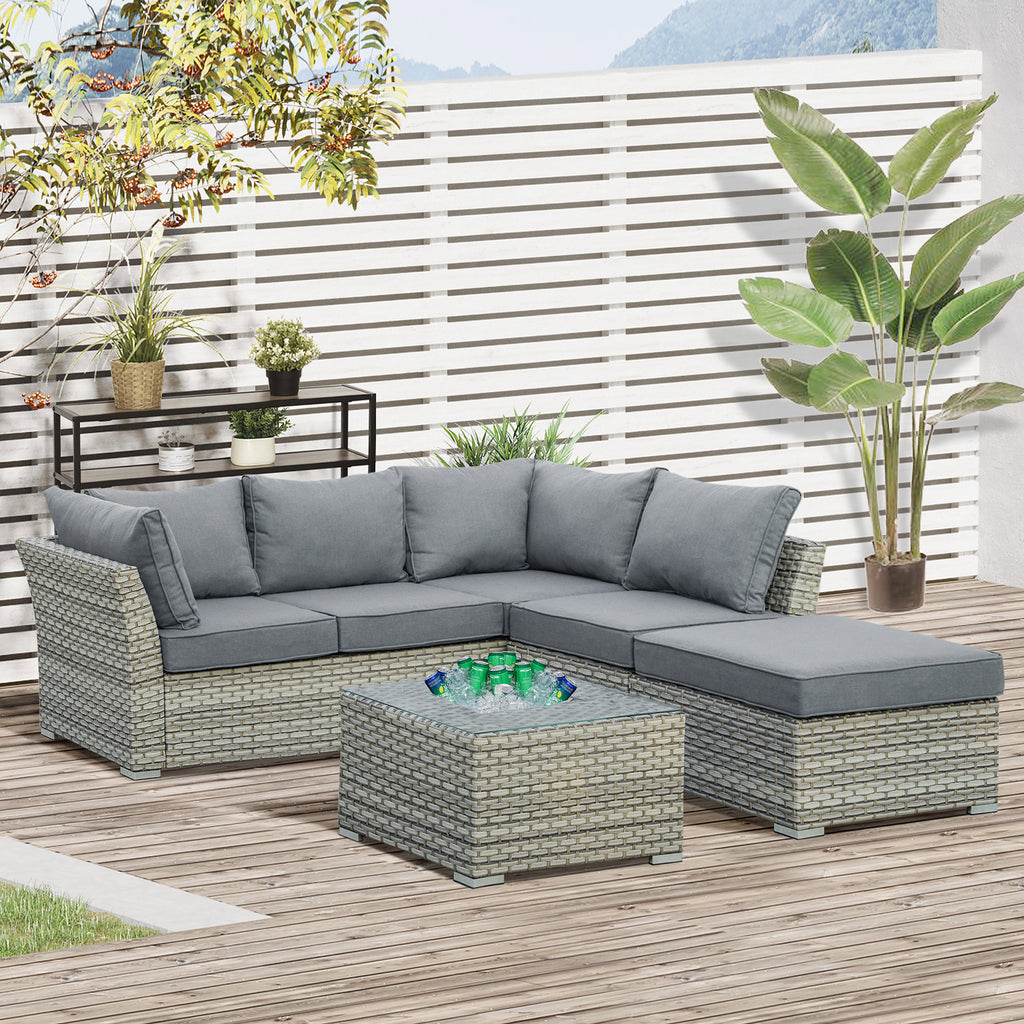 DodiOnline 5-Seater Patio PE Rattan Corner Sofa Set, Outdoor Wicker Sectional Conversation Aluminum Frame Furniture Set w/ Padded Cushion, Tea Table with Ice Bucket, Light Grey