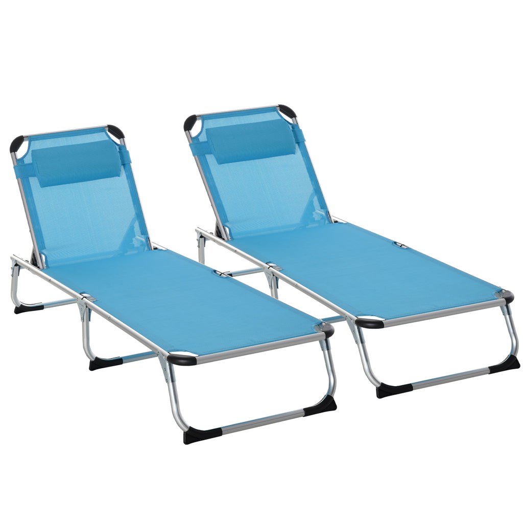 DodiOnline 2 Pieces Foldable Outdoor Sun Lounger with Pillow, 5-Level Adjustable Reclining Lounge Chair, Aluminium Frame Camping Bed Cot, Blue