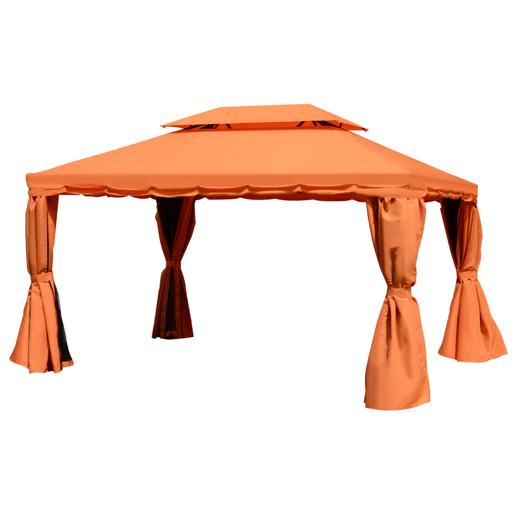 DodiOnline 4 x 3 m Aluminum Garden Gazebo, Double Roof Outdoor Gazebo Canopy Shelter with Netting & Curtains for Garden, Lawn, Backyard and Deck, Orange