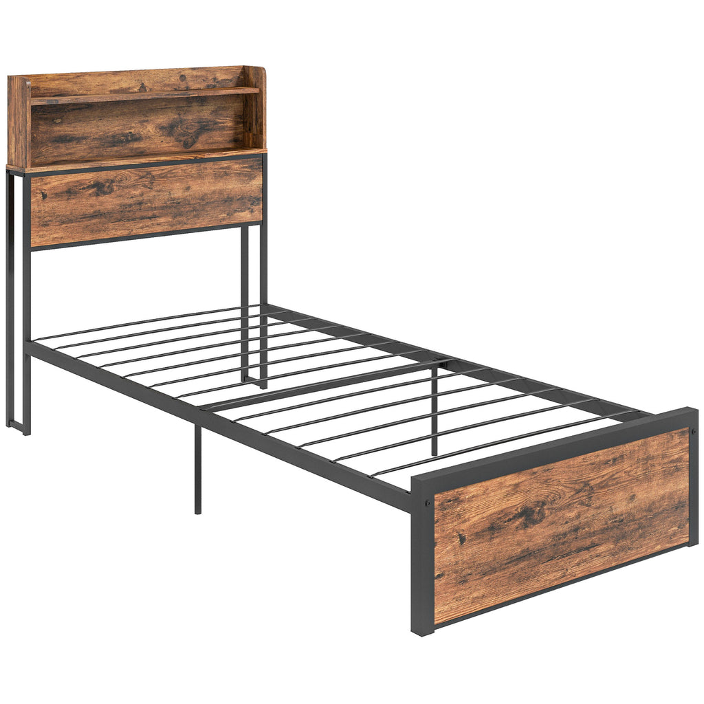 DodiOnline Industrial Single Bed Frame, 3.1FT Steel Bed Base with Storage Headboard, Footboard, Slatted Support and Under Bed Storage, 95 x 209cm, Rustic Brown