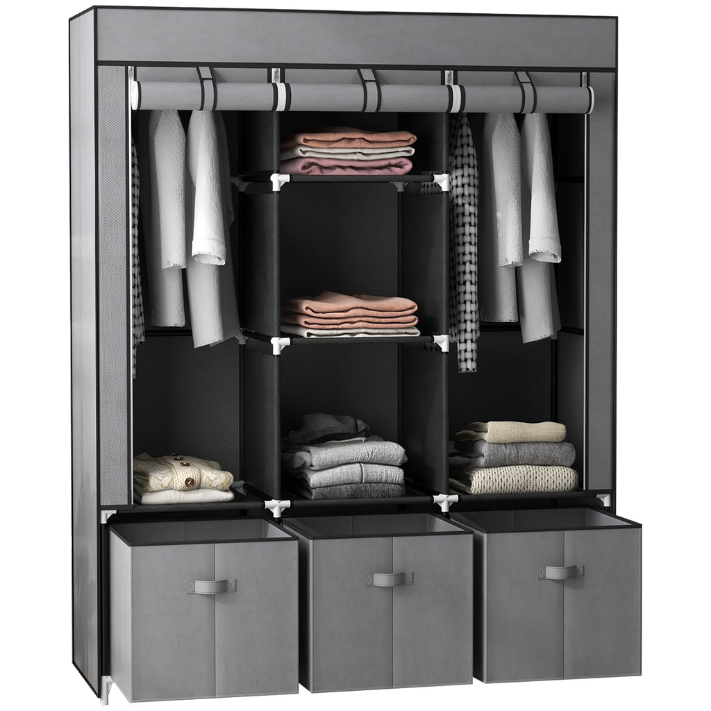 DodiOnline Fabric Wardrobe for Bedroom, Portable Wardrobe with 5 Shelves, 2 Hanging Rails and 3 Fabric Drawers, Foldable Closet, 125 x 43 x 162.5cm, Dark Grey