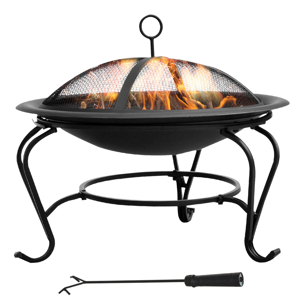 DodiOnline Metal Firepit Bowl Outdoor Round Fire Pit w/ Lid, Log Grate, Poker for Backyard, Camping, BBQ, Bonfire, Wood Burning Stove, 56 x 56 x 45cm, Black