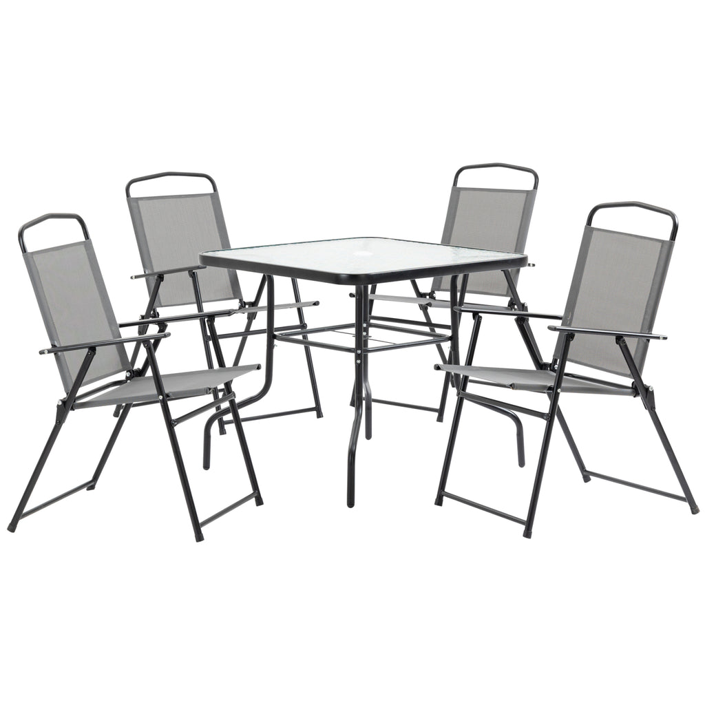 DodiOnline 5 Piece Garden Dining Set Outdoor Dining Furniture 4 Folding Chairs, Glass Top Table with Parasol Hole, Texteline Seats, Black