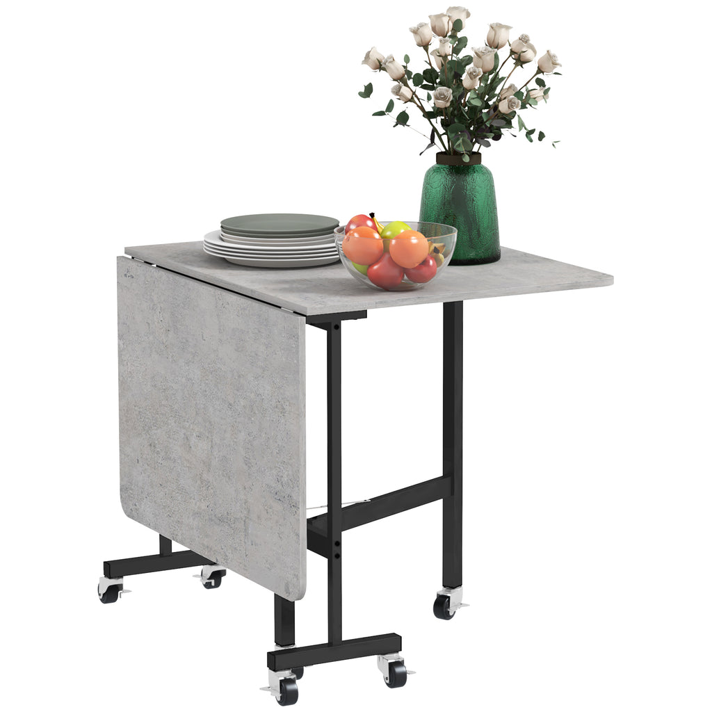 DodiOnline Mobile Drop Leaf Table, Folding Dining Table with 6 Wheels & Brakes, Kitchen Table for Small Spaces, Grey Marble Effect