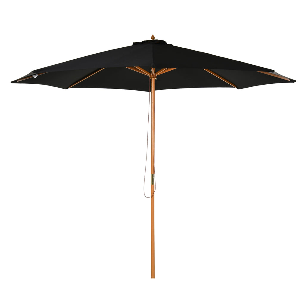 DodiOnline 3(m) Garden Parasol, Pulley Operated Patio Umbrella, Wooden Table Market Umbrella with Rope Pulley Mechanism and 8 Ribs, Black