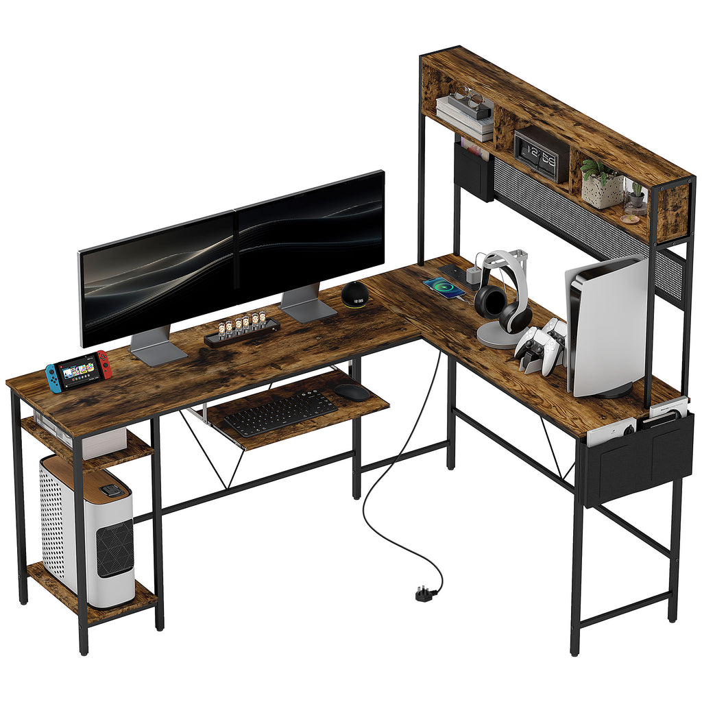 DodiOnline 160cm Reversible L Shaped Desk with Power Outlet, Industrial Corner Desk with Storage Shelves and Keyboard Tray, 240cm Long Computer Desk for 2 Person, Rustic Brown