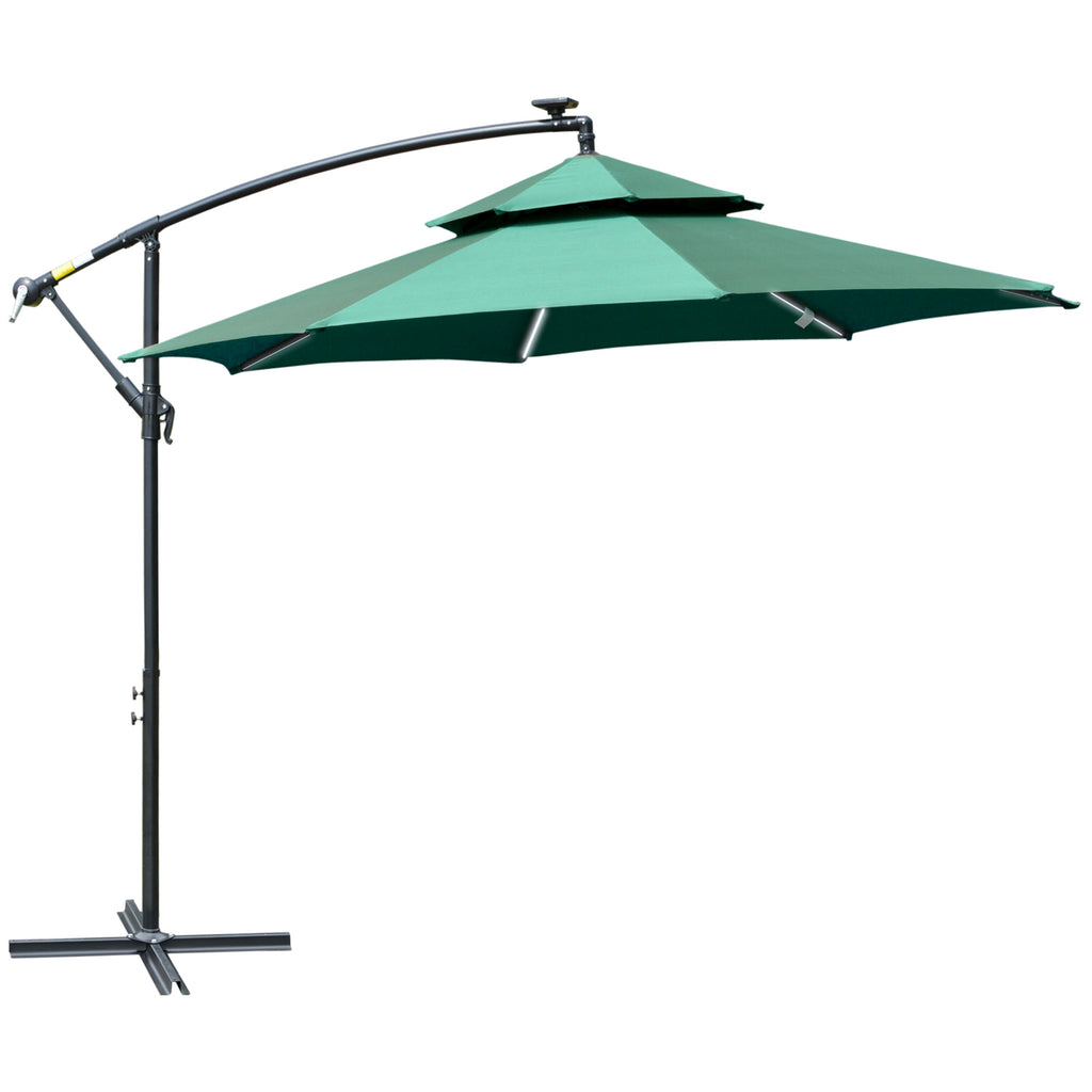 DodiOnline 3(m) Cantilever Banana Parasol Hanging Umbrella with Double Roof, LED Solar lights, Crank, 8 Sturdy Ribs and Cross Base for Outdoor, Garden, Patio, Green