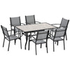 DodiOnline 7 Pieces Garden Dining Set, 6 Seater Garden Table and Chairs with Parasol Hole, Outdoor Furniture Armchairs and Stone-like Plastic Top Table with Breathable Mesh Fabric Seat, Grey