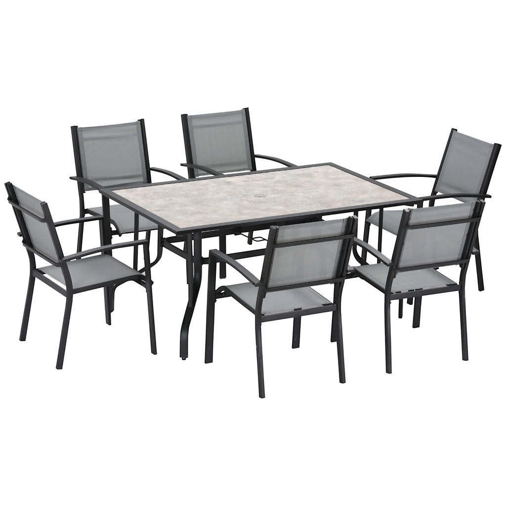 DodiOnline 7 Pieces Garden Dining Set, 6 Seater Garden Table and Chairs with Parasol Hole, Outdoor Furniture Armchairs and Stone-like Plastic Top Table with Breathable Mesh Fabric Seat, Grey