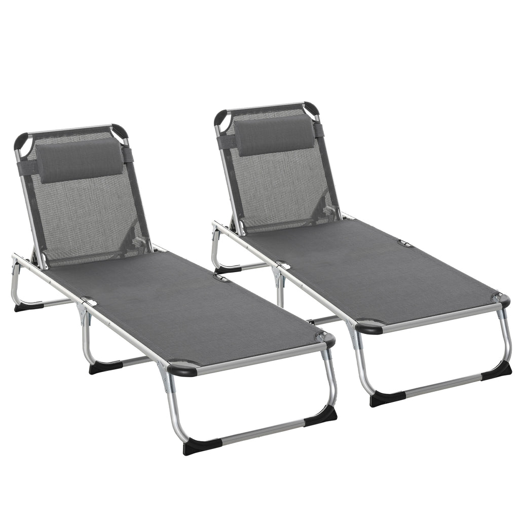 DodiOnline 2 Pieces Foldable Outdoor Sun Lounger with Pillow, 5-Level Adjustable Reclining Lounge Chair, Aluminium Frame Camping Bed Cot, Grey