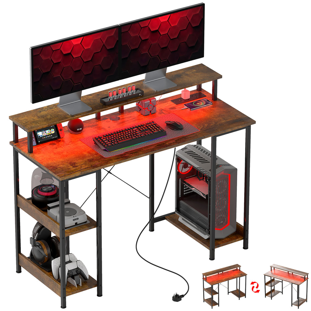 DodiOnline Computer Desk with Power Outlets and LED Lights, 120 x 50cm Reversible Home Office Desk with Monitor Stand and 2-Tier Storage Shelves, Gaming Desk with Cable Management, Rustic Brown